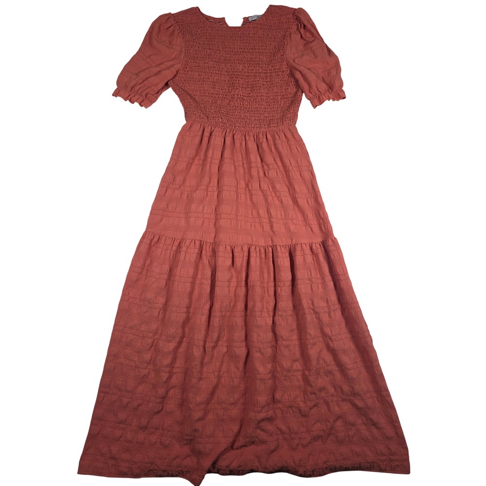 Prairie Maxi Dress Smocked Tiered Puff Sleeve Medium Pink Cottagecore Western